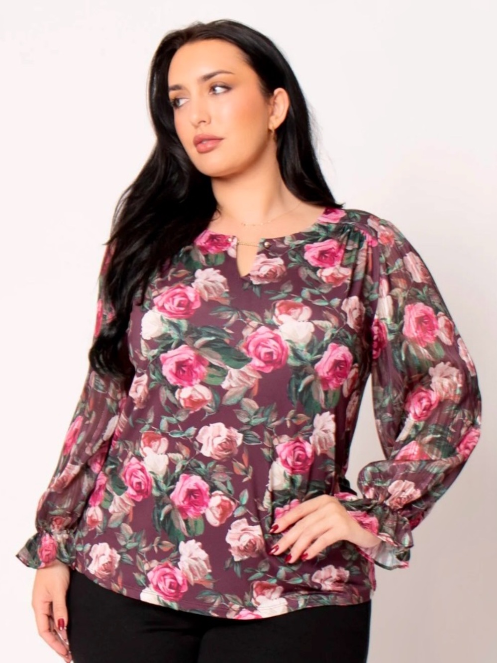 Sara Michelle Plum Floral Long-Sleeve Blouse with Pink Roses